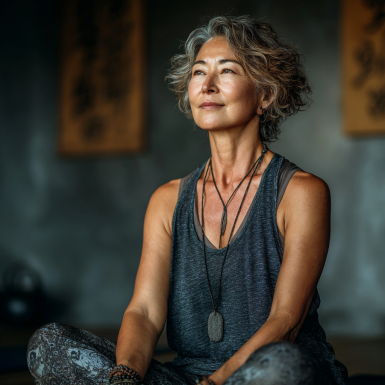 Пожилая женщина практикует йогу на природе