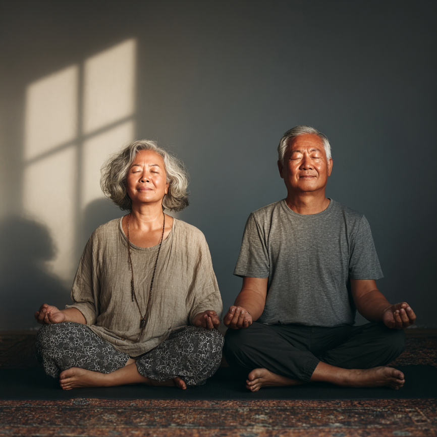 Группа пожилых людей на занятии йогой