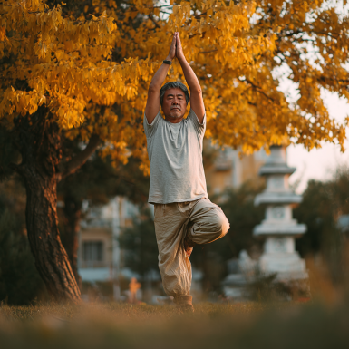 Пожилой мужчина выполняет асану на коврике в спокойной обстановке